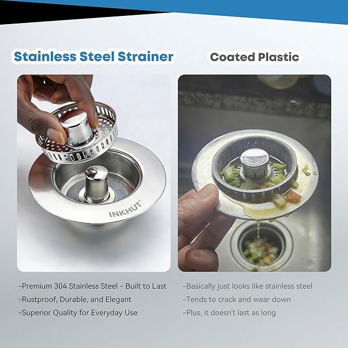 Upgraded 3 in 1 Kitchen Sink Drain Strainer - Stainless Steel Sink Stopper, Anti-Clogging Food Catcher Basket, Sink Bounce Core Drain Strainer Plug for US Standard 3 1/2 inch Drain (Mirror Silver)