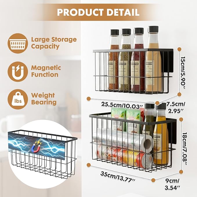 2 Pack Magnetic Basket for Refrigerator,Fridge Magnet Organizer,Magnetic Metal Basket Organizers for Side Storage in Ovens, Microwaves, or Washing Machines(2 Pack/Black1)
