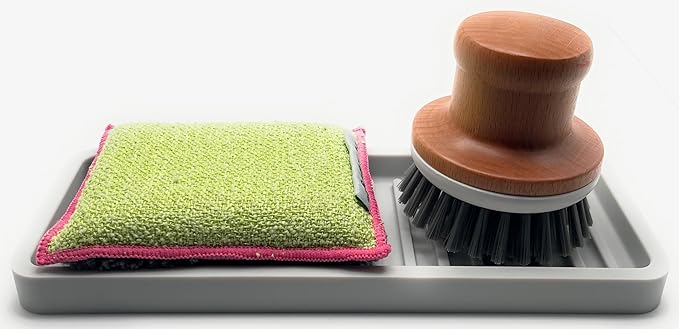 Silicone Sink and Surface Organizer Tray, Sponge Holder, Vanity Tray, Trivet, Heat Safe, Dishwasher Safe, for Bathroom and Kitchen Organization (Light Grey, 9"x3.5")