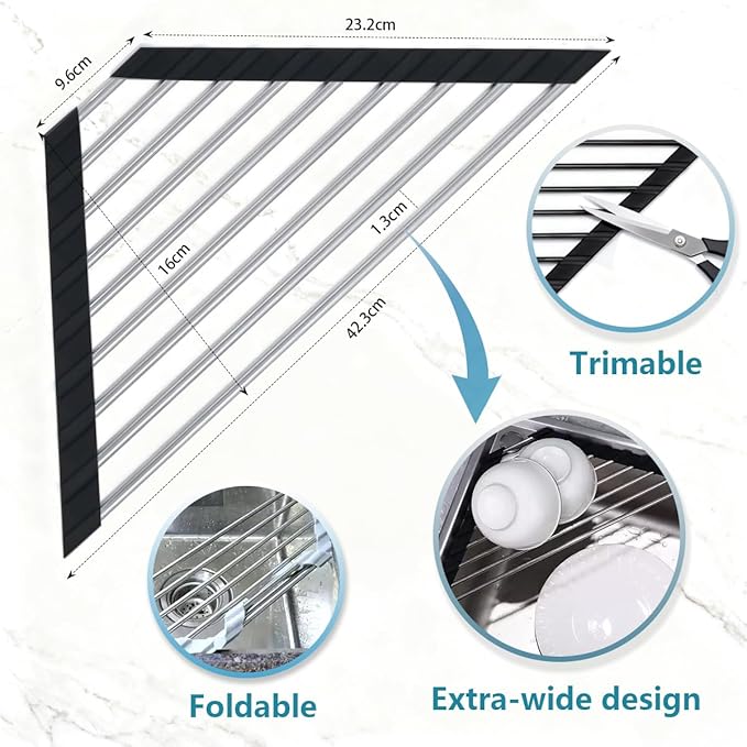 Credon Triangle Roll Up Dish Drying Rack, Foldable Multipurpose Corner Sink Caddy, Stainless Steel Anti Slip and Rust Proof Kitchen Sink Drainer Organizer, Small Space Solutions (Black)