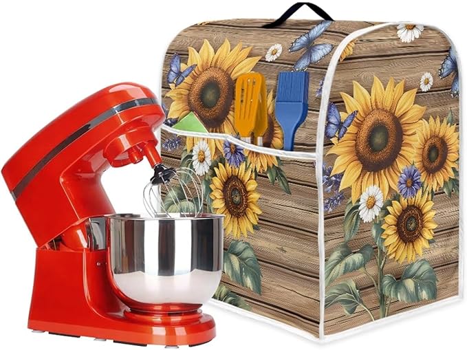 Sunflower Butterfly Kitchen Stand Mixer Covers 6-8 Qt for Lift Bowl Portable Kitchen Appliance Dust Covers with Top Handle & Storage Pocket Anti Fingerprint Machine Washable Reusable