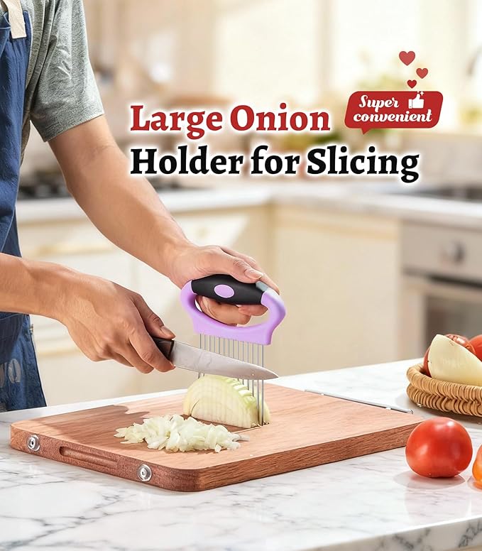 Large Onion Holder for Slicing, Stainless Steel Onion Slicer Holder with Protect Cover, Onion Cutter Vegetable Chopper for Slicing of Tomato Avocados, Cool Kitchen Gadgets