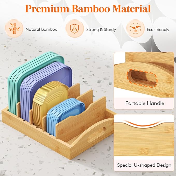 Lifewit Bamboo Lid Organizers for Inside Cabinet, Food Storage Container Lid Holder with 4 adjustable Inserts & 5 Sections, Kitchen Pantry organizer and storage, 10.6" X 8.3"