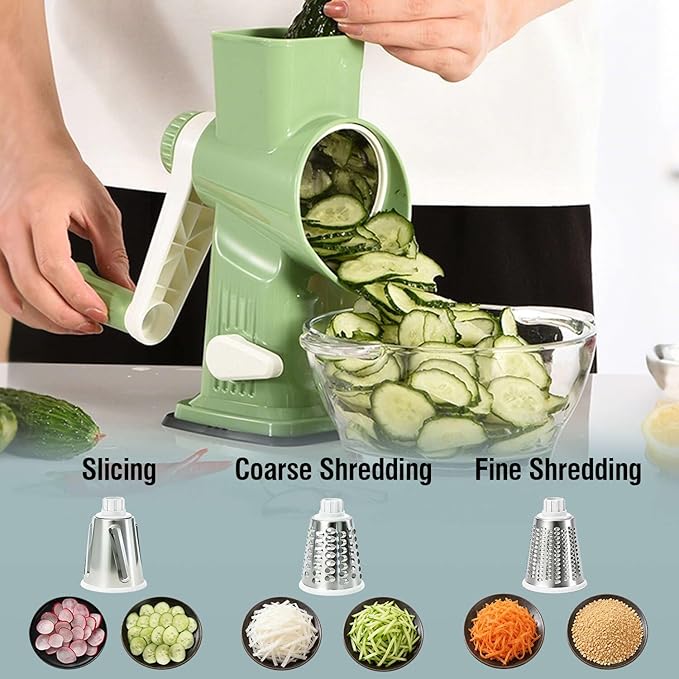 3-in-1 Manual Rotary Cheese Grater & Vegetable Slicer, Round Mandoline Food Chopper with 3 Interchangeable Blades, Strong Suction Base Hand Crank Grater for Cheese, Potato, Nuts & Veggies