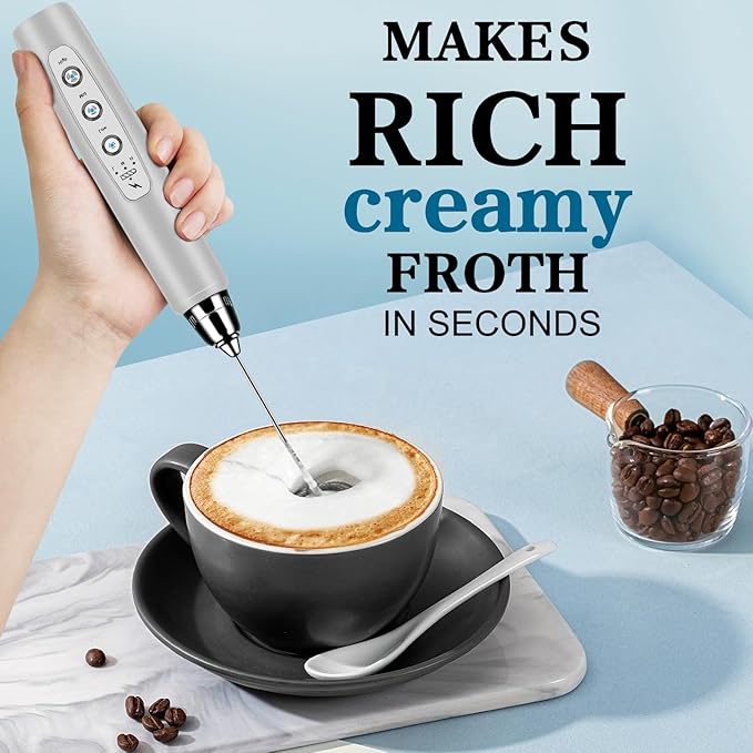 BSRGMS Milk Frother Handheld with Stand, Electric Whisk 3 Speed Adjustable, Drink Mixer with Stainless 3 Whisk, Rechargeable Hand Frother Wand, Foam Maker for Latte Cappuccino Hot Chocolate Egg Silver