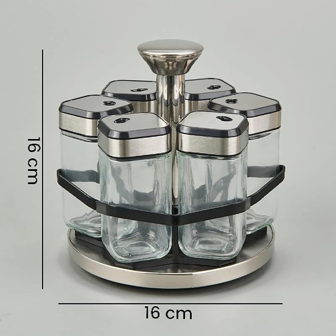 Rotating Spice Rack Organizer with 6 Glass Jars, Stainless Steel & Black Metal Stand, Space-Saving Countertop Spice Carousel, Modern Seasoning Storage Set for Kitchen, Home & Restaurant