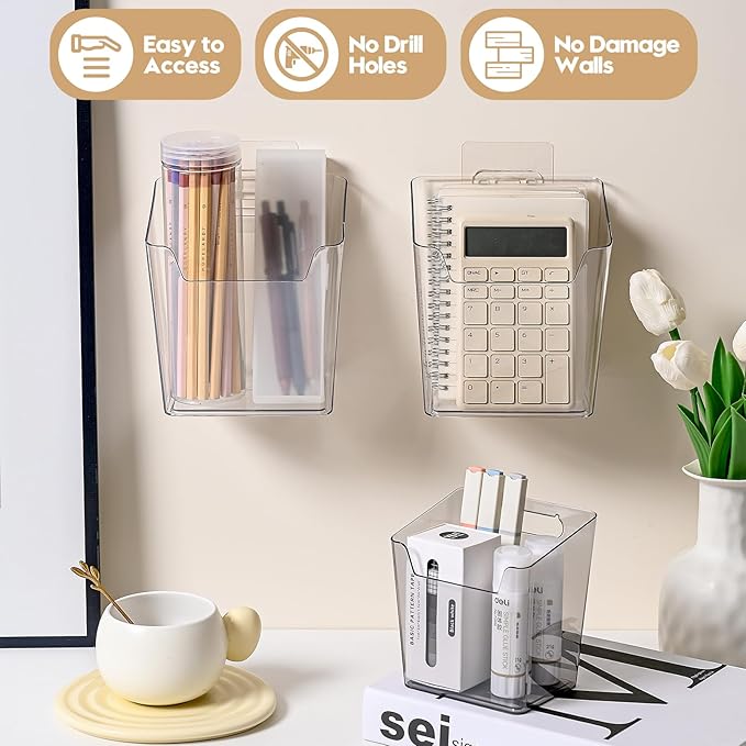 Clear Inside Cabinet Door Organizer, 6 Pack Plastic Wall Storage Bin Adhesive, Vertical Versatile Caddy Makeup Brush Pen Holder for Small Spaces in Bathroom, Office, Kid's Room Organization, No-Drill