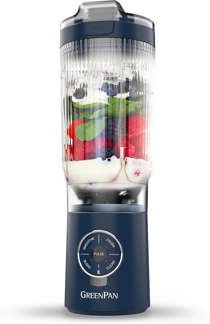 GreenPan Spin & Go Portable Blender, 24oz BPA-Free Cup, Self-Cleaning, Shakes Smoothies Juices, Crushed Ice & Frozen Fruits, Leakproof Lid, Fast Charge, Personal Handheld for Travel & Gym, Oxford Blue