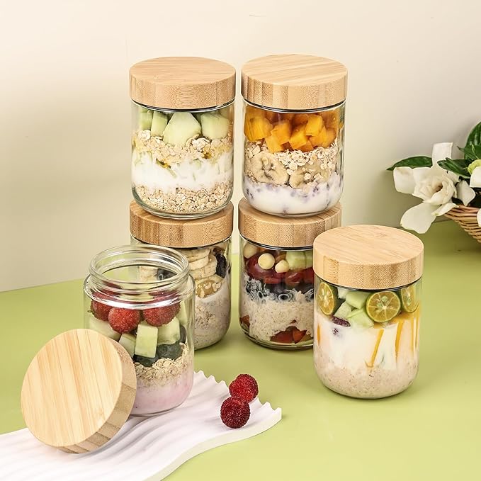 6-Pack 16oz Glass Storage Jars with Bamboo Lids – Airtight Wide Mouth Containers for Overnight Oats, Yogurt, Salad, Snacks & Pantry Storage-Reusable Glass Food Storage Containers