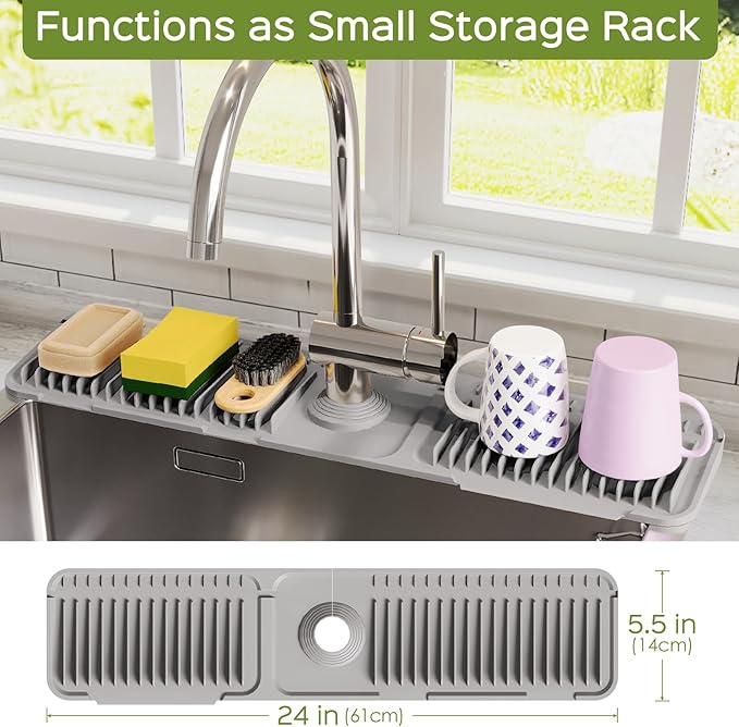 24 Inch Silicone Faucet Mat for Kitchen Sink Splash Guard – 2025 Upgraded Draining Mat with Water Tray Behind Faucet – Countertop Protectors to Catch Spills (Gray, 24" x 5.5" )