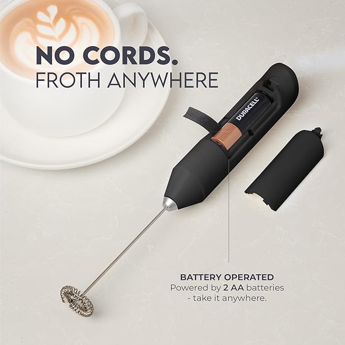 Zulay Kitchen Powerful Milk Frother AA Batteries Included – Ultra Fast Handheld Drink Mixer with Stainless Steel Whisk Stirrer for Coffee, Protein, Matcha & More, Frother Wand Electric Frothmate Black