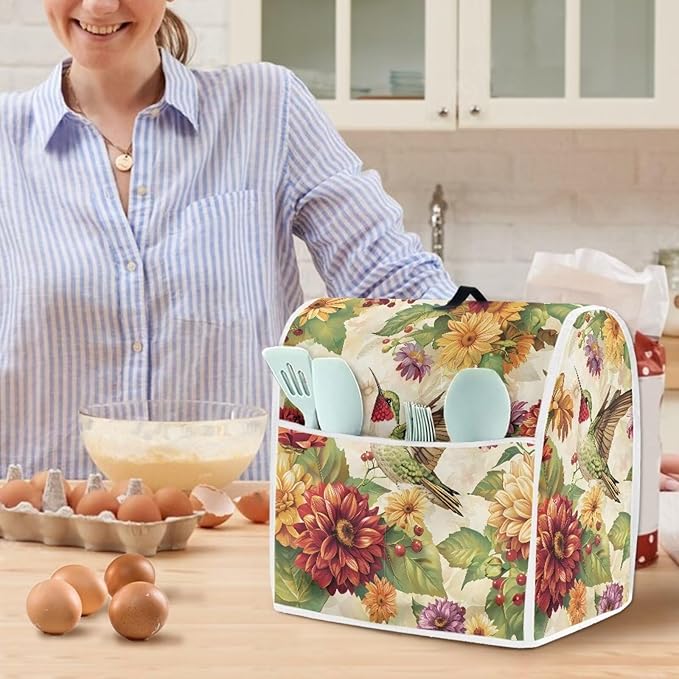 Floral Hummingbird Kitchen Dust Covers for Stand Mixer with Handle & Storage Pocket Oil-Resistant Food Processor Covers for Kitchen Counter Universal Fits 4.5-5 Qt Kitchen Mixers
