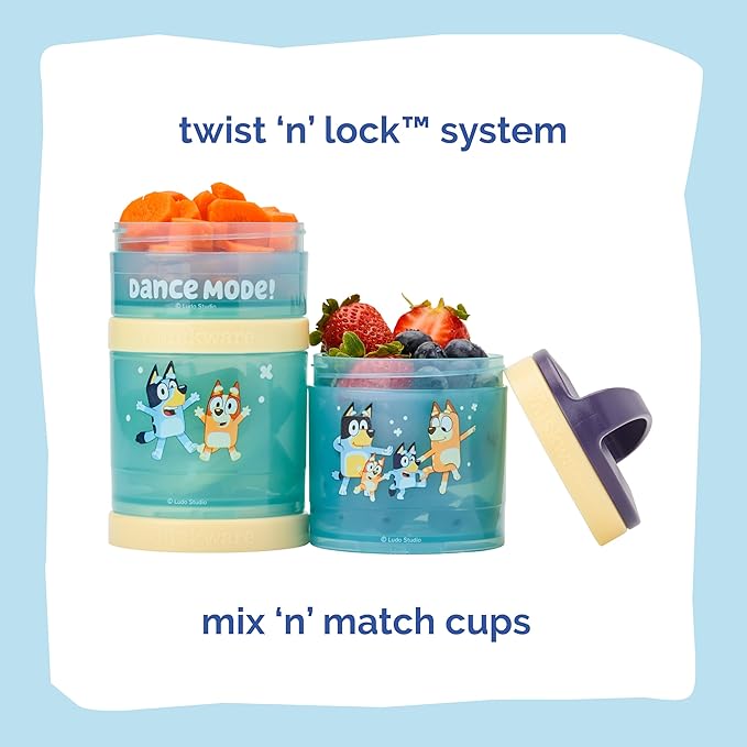 Whiskware Bluey Stackable Snack Containers for Babies, Toddlers, and Kids, 3 Stackable Snack Cups for School and Travel, Cupholder Friendly, Bluey, Bingo, Bandit Heeler, and Chilli, Dance Mode!