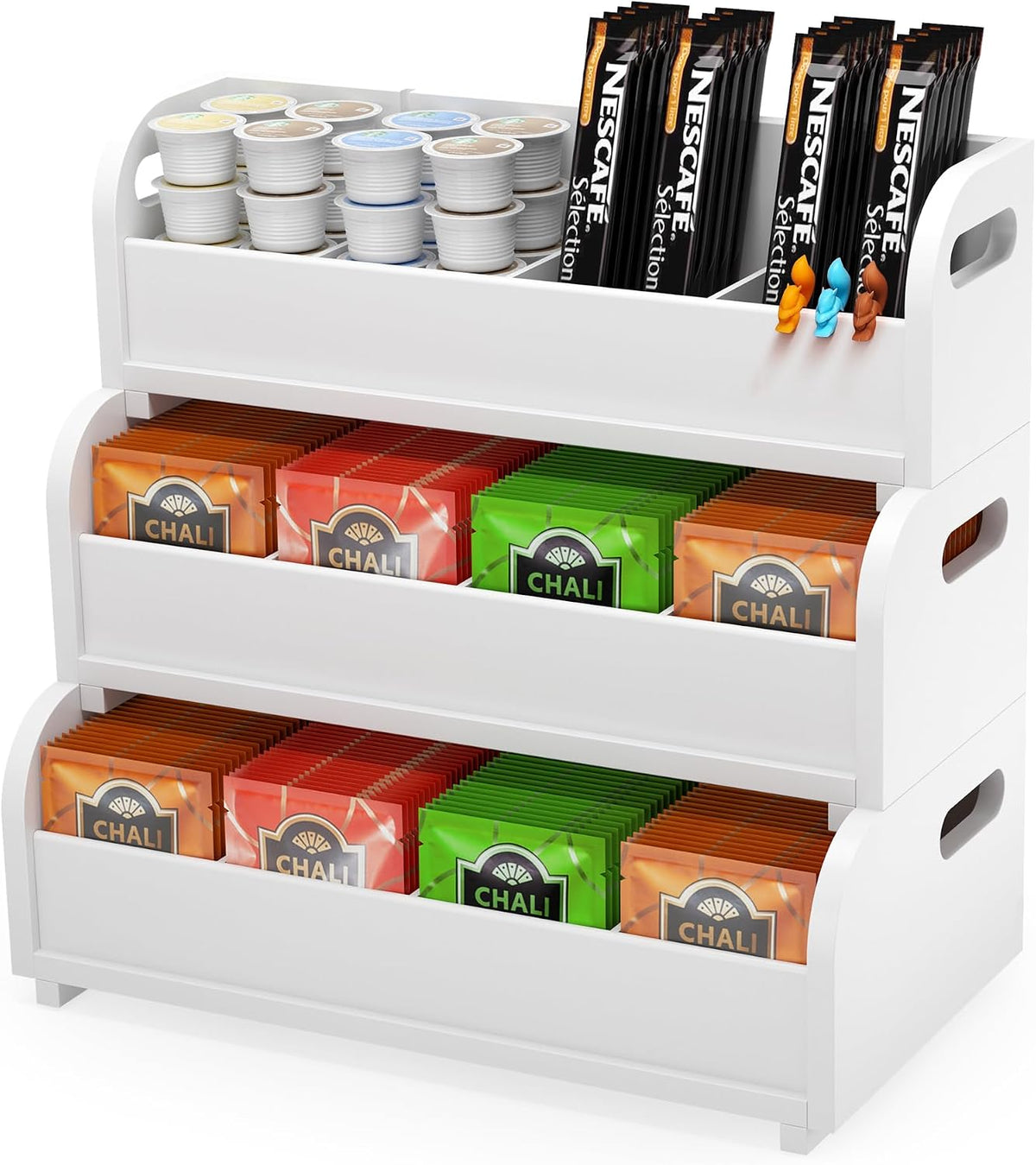 3-Tier Bamboo Tea Box Rack with Removable Dividers, Wall Mount Large Capacity for Pantry Drawer Cabinet Kitchen Office Coffee StationTea Bag Organizer, Stackable Tea Holder for Countertop, White