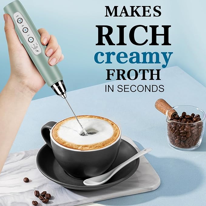 BSRGMS Milk Frother Handheld with Stand, Electric Whisk 3 Speed Adjustable, Drink Mixer with Stainless 3 Whisk, Rechargeable Hand Frother Wand, Foam Maker for Latte Cappuccino Matcha Egg Morandi Green