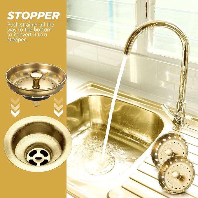 Retisee 2 Pcs Kitchen Sink Stopper Strainer Stainless Steel Drain Strainers for Universal 3-1/2 Inch Kitchen Sink Drain Replacement(Brushed Gold)