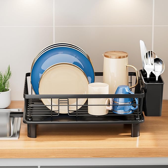 Dish Drying Rack, Stainless Steel Dish Racks for Kitchen Counter, Sink Organization and Storage Essentials, Kitchen Organizer for Forks, Spoons Dishes,Cup and Bottle (Black, 14.96''*11.02''*6.69'')