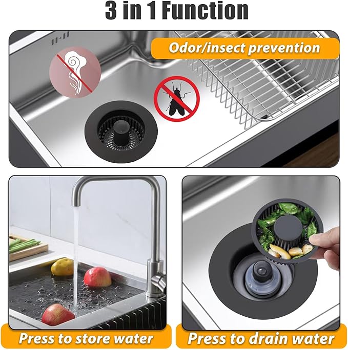 Anlige Kitchen Sink Drain Strainer, 3 in 1 Pop Up Kitchen Sink Stopper, with An Extra Basket Strainer, Universal for US Standard 3-1/2 Inch, Black
