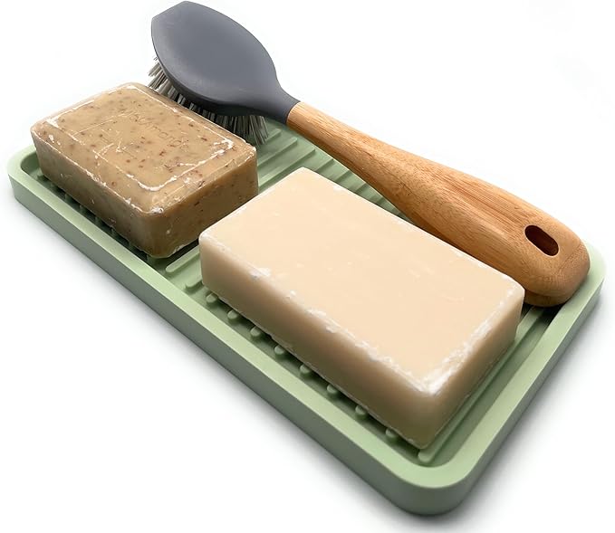 Silicone Sink and Surface Organizer Tray, Sponge Holder, Vanity Tray, Trivet, Heat Safe, Dishwasher Safe, for Bathroom and Kitchen Organization (Pistachio, 10"x5.25")
