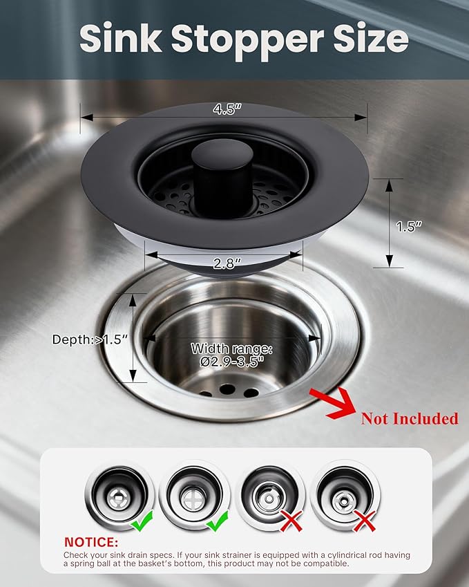 ARCORA Kitchen Sink Drain Strainer: Stainless Steel 3 in 1 Sink Stopper with Anti-Clogging Basket, Kitchen Strainer with Brass Bounce Core for Standard 3-1/2 Inch Drain, Matte Black