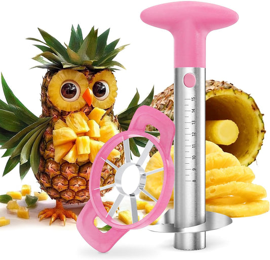 Pineapple Corer, Stainless Steel Pineapple Peeler Slicer with Reinforced Thicker Blade, Measure Marked Core Remover, Pink