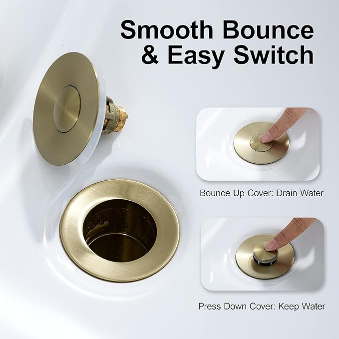 Universal Bathroom Sink Stopper - Bounce Wash Basin Drain Filter, Stainless Steel Pop Up Drain Stopper, Bullet Core Push Type Sink Stopper, Sink Drain Plug with Anti-Clogging Strainer, Brushed Gold1