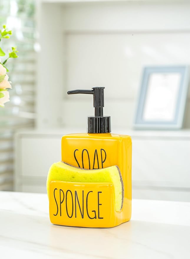 Ceramic soap Dispenser with Sponge Holder for Kitchen Sink Bathroom Counter top Storage and Organization (Yellow)