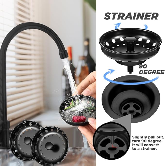 Retisee 2 Pcs Kitchen Sink Stopper Strainer Stainless Steel Drain Strainers for Universal 3-1/2 Inch Kitchen Sink Drain Replacement(Matte Black)