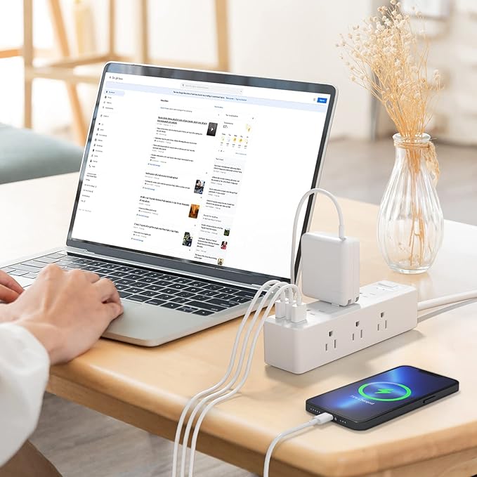 Clear Power 9-Outlet Surge Protector Power Strip with 3 USB Ports(1 USB-C), 5ft Power Cord, Flat Plug, Multi Outlets on 3 Sides, Desktop Charging Station, White, DC3S-1109-DC