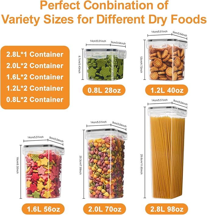 9 PCS Airtight Food Storage Containers with Lids, BPA Free Clear Plastic Kitchen and Pantry Organization and Storage Set for Flour, Sugar, Cereal, Pasta, Includes 9 Labels and Marker