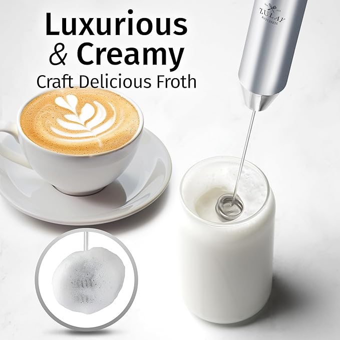 Zulay Kitchen Rechargeable Milk Frother Handheld - Frother Wand, Drink Mixer, Electric Whisk Frother, for Cappuccinos, Matcha & Protein Powder - Lux 4 Whisk 2 Speed Waterproof 2000mAh Silver
