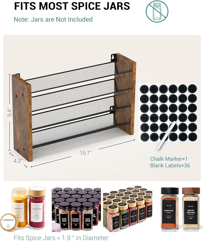 NESAPTO Spice Rack Organizer for Cabinet, Wood 4-Tier Vertical Seasoning Organizer, Wall Mount or Countertop Spice Shelf, Holds 32 Jars (No Jars Included), 15.7" W x 9.4" H