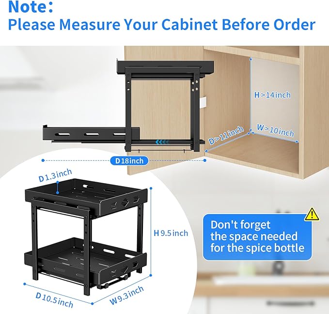 BOIVSHI Pull Out Spice Racks for Inside Cabinets, 2-Tier Cabinet Spice Rack, Height Adjustable Spice Rack Organizer for Cabinet, Kitchen Vertical Spice Rack (9.7''Wx10.8''Dx9.2''H, Metal Black)