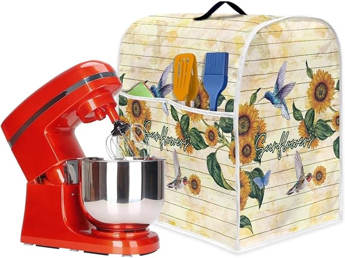 Sunflower Hummingbird Mixer Cover | Portable Dust Protector with Handle & Pockets | 6-8 Quart Kitchen Appliance Protector for Home Decor