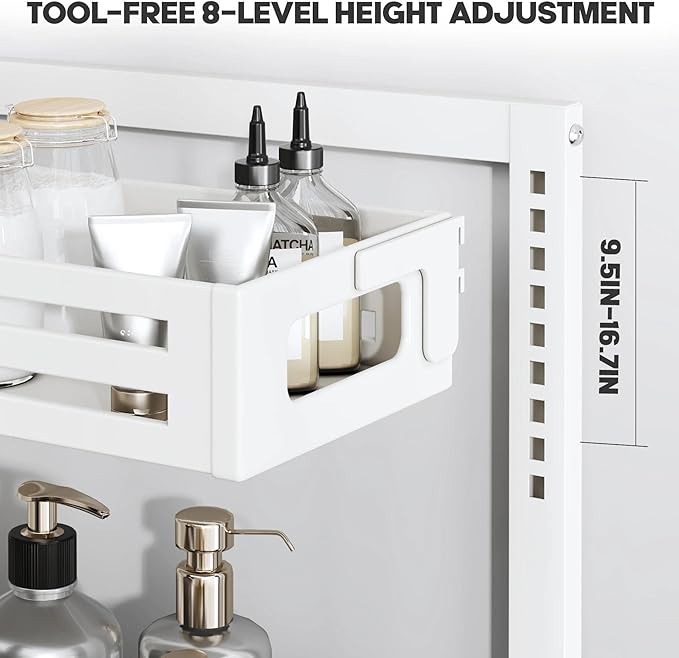 2 Pack 21IN-Depth Under Sink Organizer,Pull Out Cabinet Organizer With Smooth Cylindrical Rail,Metal Slide Out Drawer for Kitchen Bathroom Laundry,8-Level Tool Free Height Adjustable-White