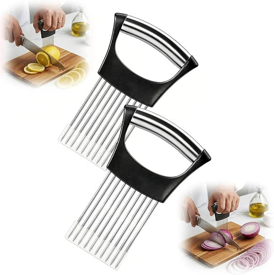 Onion Slice Holder, Stainless Steel Onion Holder for Slicing with Protective Case,Chopper Slicing Assistant Tool for Meat, Onion, Potato, Tomato,Lemon - Kitchen Gadgets (2 Pack)