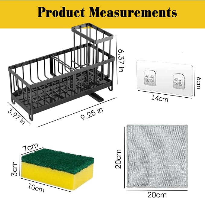 Sponge Holder for Kitchen Sink,5 in 1 Rustproof Stainless Steel Sink Caddy with Washing Cloth & Adhesive Hooks, Kitchen Sink Organizer with High Brush Holder and Soap Holder for Kitchen Sink