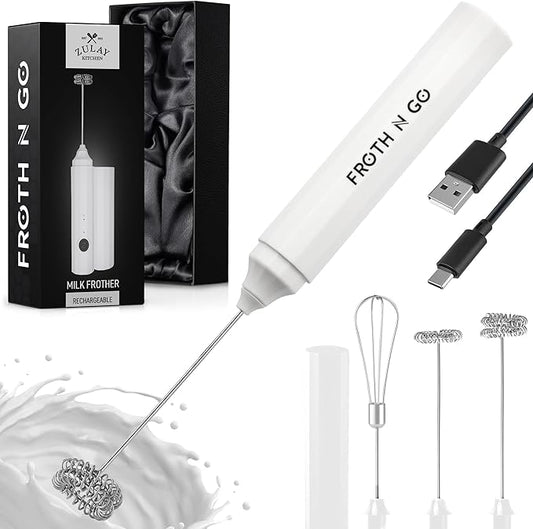 Zulay Froth N Go Milk Frother – Rechargeable 3-in-1 Handheld Frother Wand with Travel Case & USB-C Charger – Single, Double & Egg Whisk for Latte, Cappuccino, Matcha, Protein Shakes – White