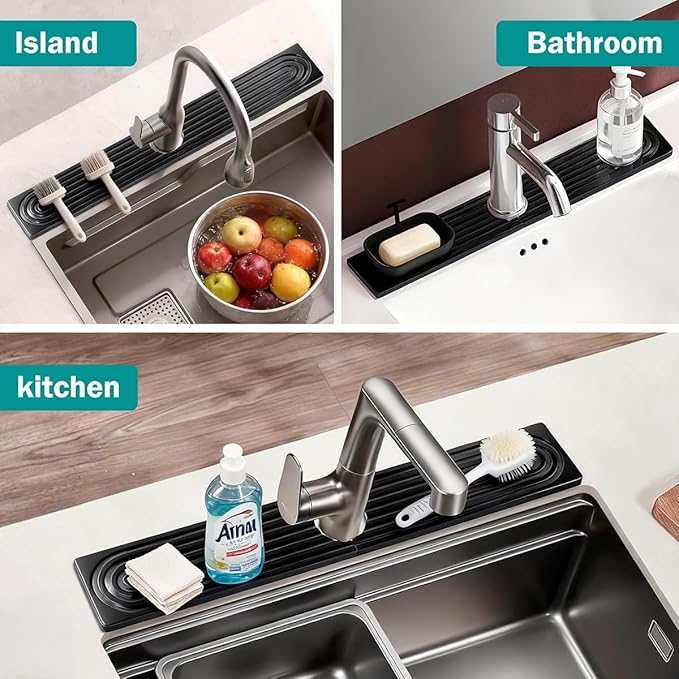 PEKER Teak Wood Faucet Mat for Kitchen Sink 19.7" – Natural Teak Sink Splash Guard Tray, Water-Resistant Wooden Sink Drip Catcher & Organizer for Kitchen & Bathroom Counter