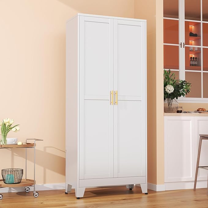 winiowa Metal Pantry Cabinet with 2 Doors and Adjustable Shelves - 71" Kitchen Storage Cabinet with Gold Handles - Versatile Storage for Kitchen, Bathroom, Dining Room, Utility Room - White