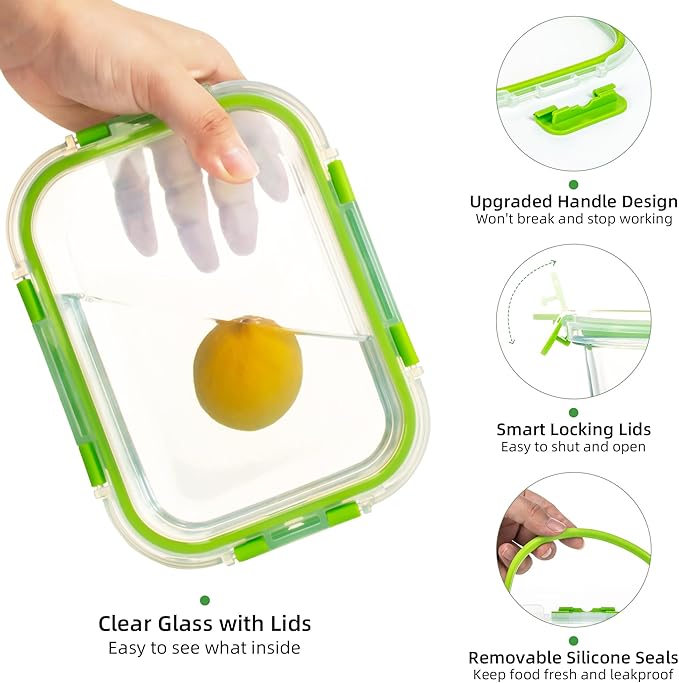 UMEIED 10 PACK Glass Food Storage Containers with Leak Proof Lids, Glass Airtight Meal Prep Containers Set for Lunch, On the Go, Leftover, Kitchen Pantry Organizers and Storage (Green)