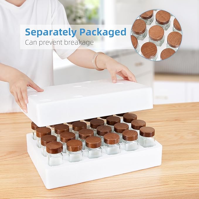 Yangbaga Glass Spice Jars with Labels: 24pc 4oz Square Seasoning Storage Containers with Airtight Wood lid,Pepper Grinder,Funnel; Empty Spice Organizer Bottles for Kitchen Rack Drawer Cabinet