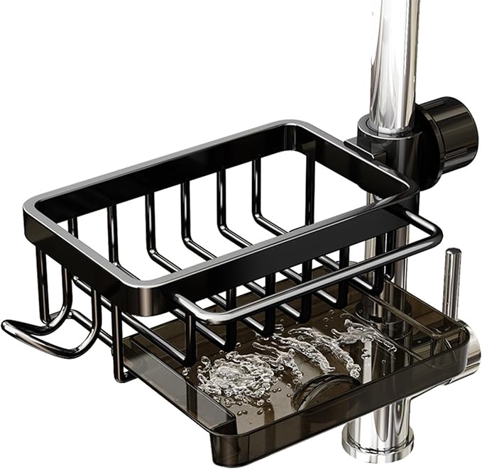 Kitchen Sink Faucet Organizer, Sponge Holder Over Faucet Kitchen Sink Caddy Organizer, Multifunction Organizer Rack for Bathroom, Scrubbers, Soap, Work With 0.7-1.1inch Round Water Pipe (Black, Left)