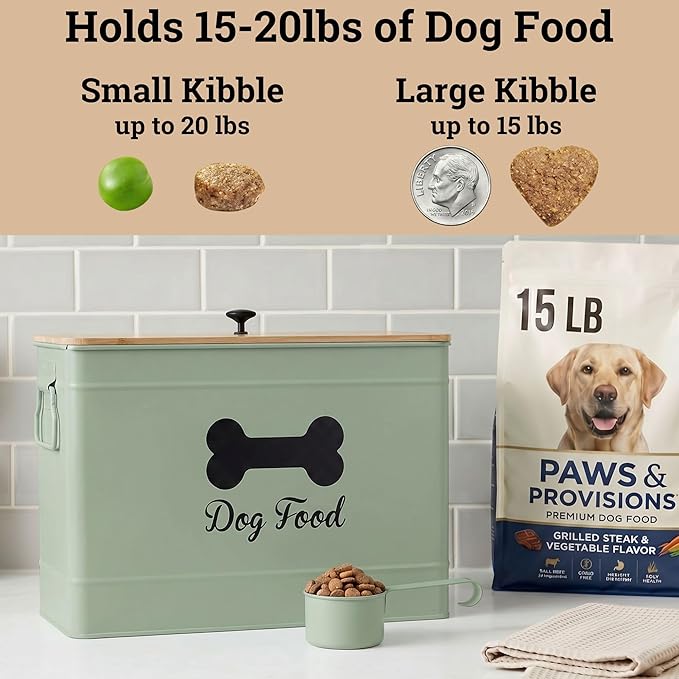 Dog Food Container Airtight 15-20 lb (70 Cup) Capacity with Metal Scoop - Cute Airtight Dog Food Storage Container with Bamboo Lid - Green Metal Kibble Storage Bin for Dogs up to 100 lbs - Big Pet Jar