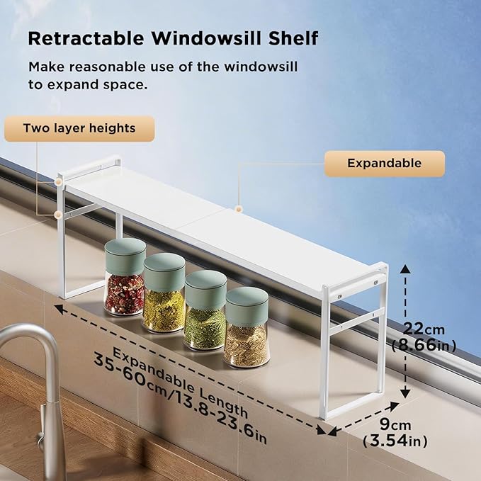 Expandable Narrow Shelf Organizer, Tall Countertop Organizer for Tight Spaces, Windowsill Plant Stand, Over-Sink/Faucet Shelf, Kitchen Counter Storage, Bathroom Vanity, Laundry Room (White)