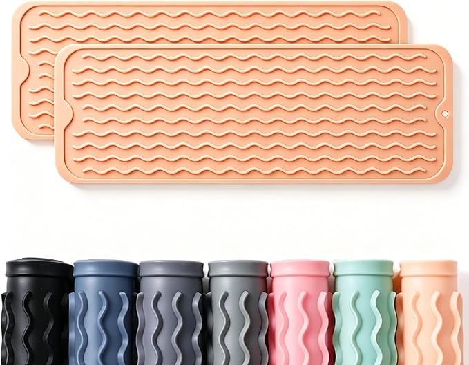 CAKETIME 2 Pack Silicone Dish Drying Mat for Kitchen Counter Faucet Protector Under Sink Stone Rack Bath Mats for Bathroom Kitchen Decor Usage Absorbent Organizer Drain Tray 17inchx6inch Beige