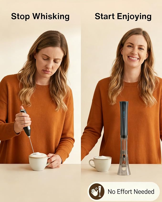 Milk Frother Handheld Rechargeable, Low Noise Frother Wand with Hands-Free Stand, Dual Coil Milk Frother for Coffee, Latte, Cappuccino & Matcha for Thick Creamy Foam, Anti-Accidental Start Design