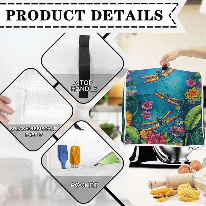 Dragonfly Mixer Cover | Dust & Oil Resistant Protector with Handle & Pocket | 6-8 Quart Kitchen Appliance Cover for Home Decor