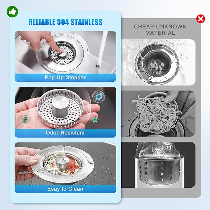3 in 1 Kitchen Sink Drain Strainer, Universal Pop Up Stopper with Brass Core & Removable Stainless Steel Filter Basket, Anti-Clogging Sink Drain Strainer for US Standard 3-1/2'' Drain Hole