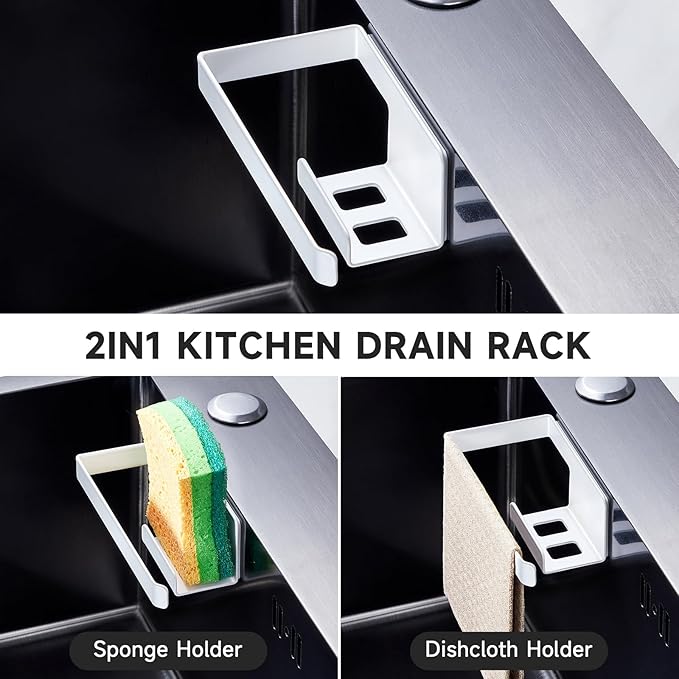 Sponge Holder for Kitchen Sink, Adhesive Dishcloth Holder, Dish Sponge Kitchen Sink Caddy 2 in 1, Metal Dishcloth Racks Sink for Dishcloths, Sponges, Brushes and Glove (White)